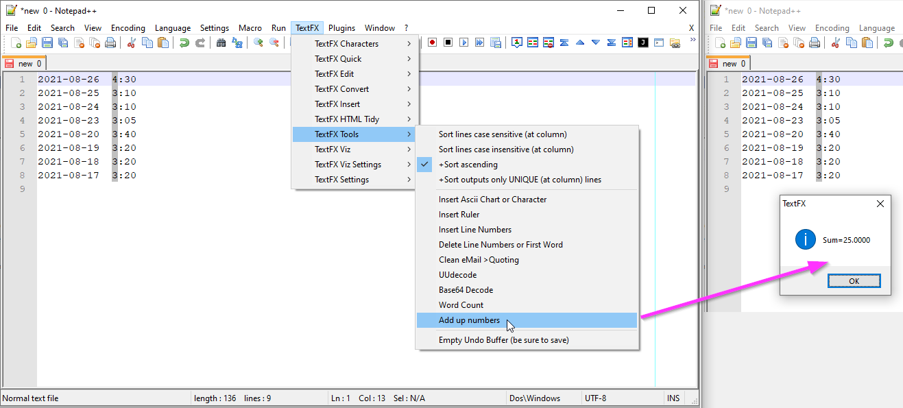 notepad++ v6.6.7 of 2014 with plugin TextFX Tools - Add up numbers.png