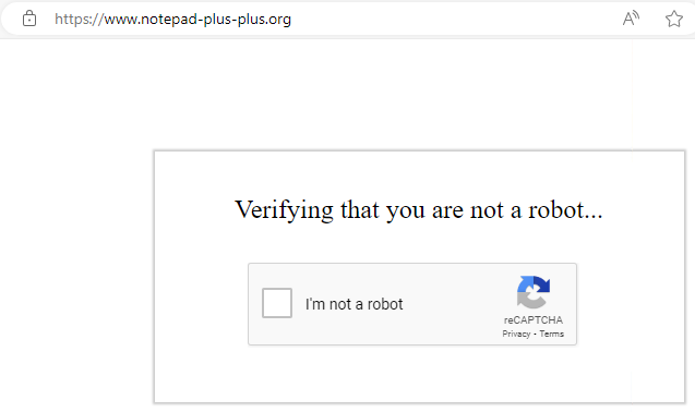Screenshot: address bar showing notepad-plus-plus.org URL, page says "Verifying that you are not a robot"